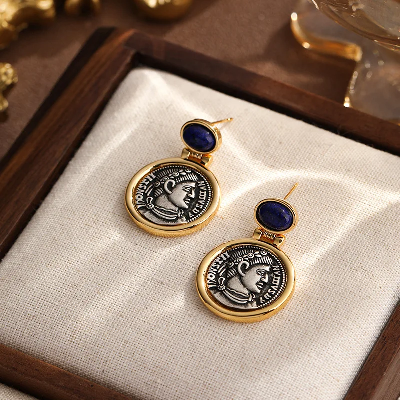 women gold plated luxury ancient portrait coin earrings