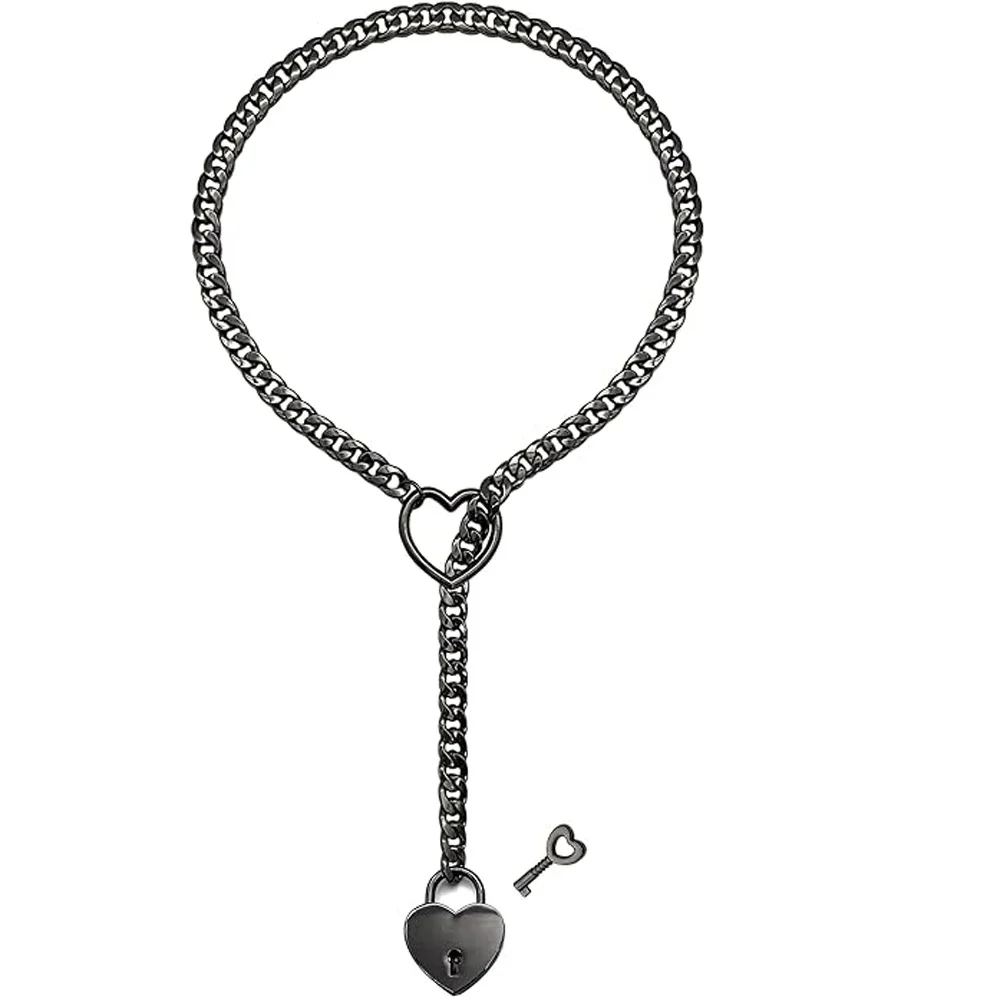 Womens Slip Chain Necklace Heart O-Ring Punk Rock Cuban Long Necklace Jewelry Adjustable Lariat Y-Necklace Heart Locker With Key