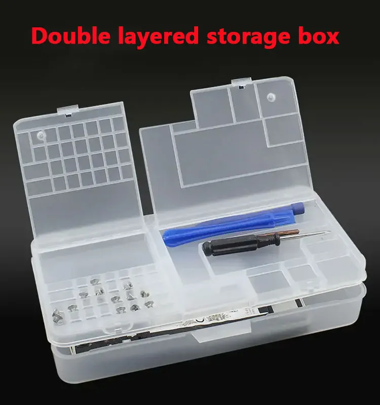 Scatola, componenti elettronici, conservazione in plastica trasparente, piccoli accessori per viti, griglia di classificazione degli attrezzi