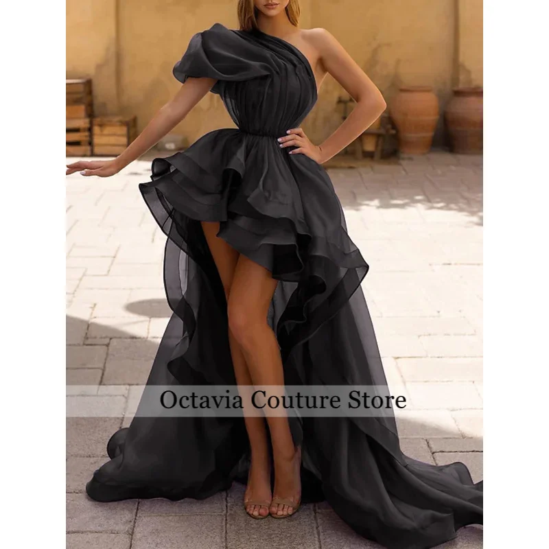 Customized Green Organza Prom Dresses Short Front Long Back One Shoulder Tiered Evening Dress Women Formal Special Wedding Gowns