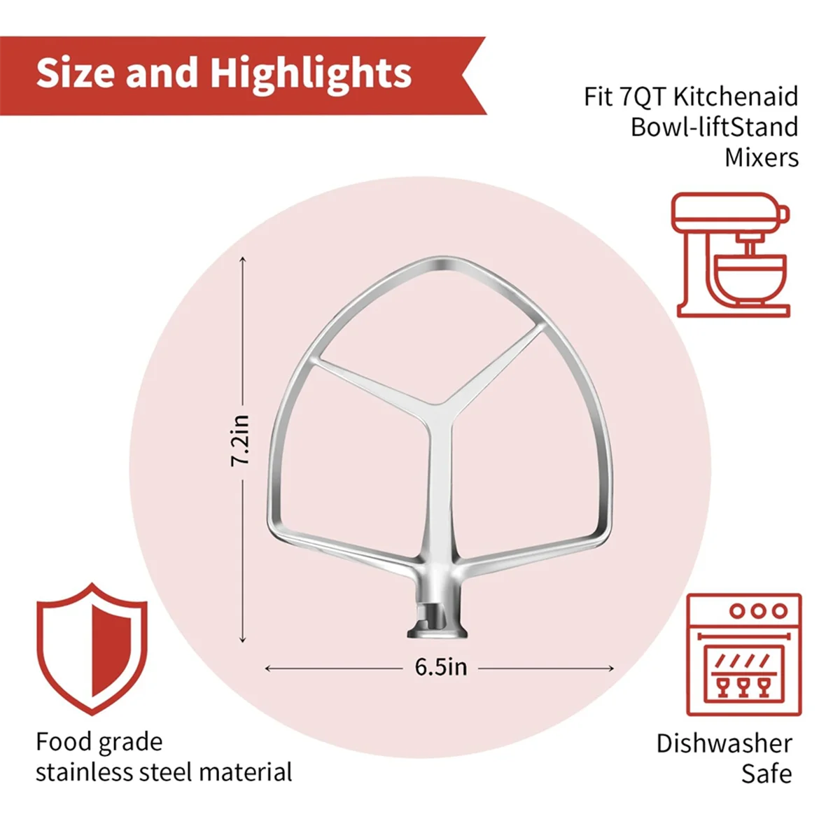 Batedor plano de aço inoxidável ABJZ para misturadores de suporte com tigela de 7QT, acessório de substituição de qualidade alimentar, seguro para máquina de lavar louça