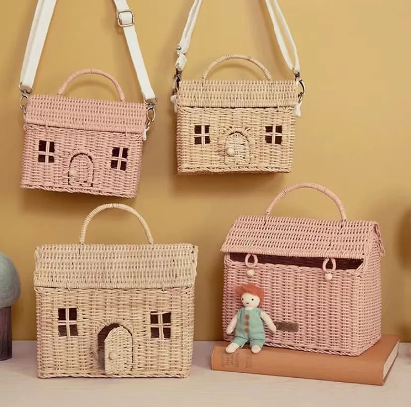 Handmade Woven House Rattan Bag Cute Wicker Straw Bags for Women 2025 Handbags and Purses Bohemian Beach Shoulder Bag Clutch New