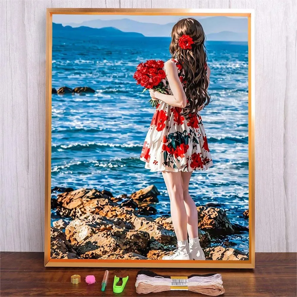 

DIY Needlework Embroidery Starter Kit With Seascape Printed Canvas Cross Stitch Kit Beauty Girl Pattern Handicraft Wall Art