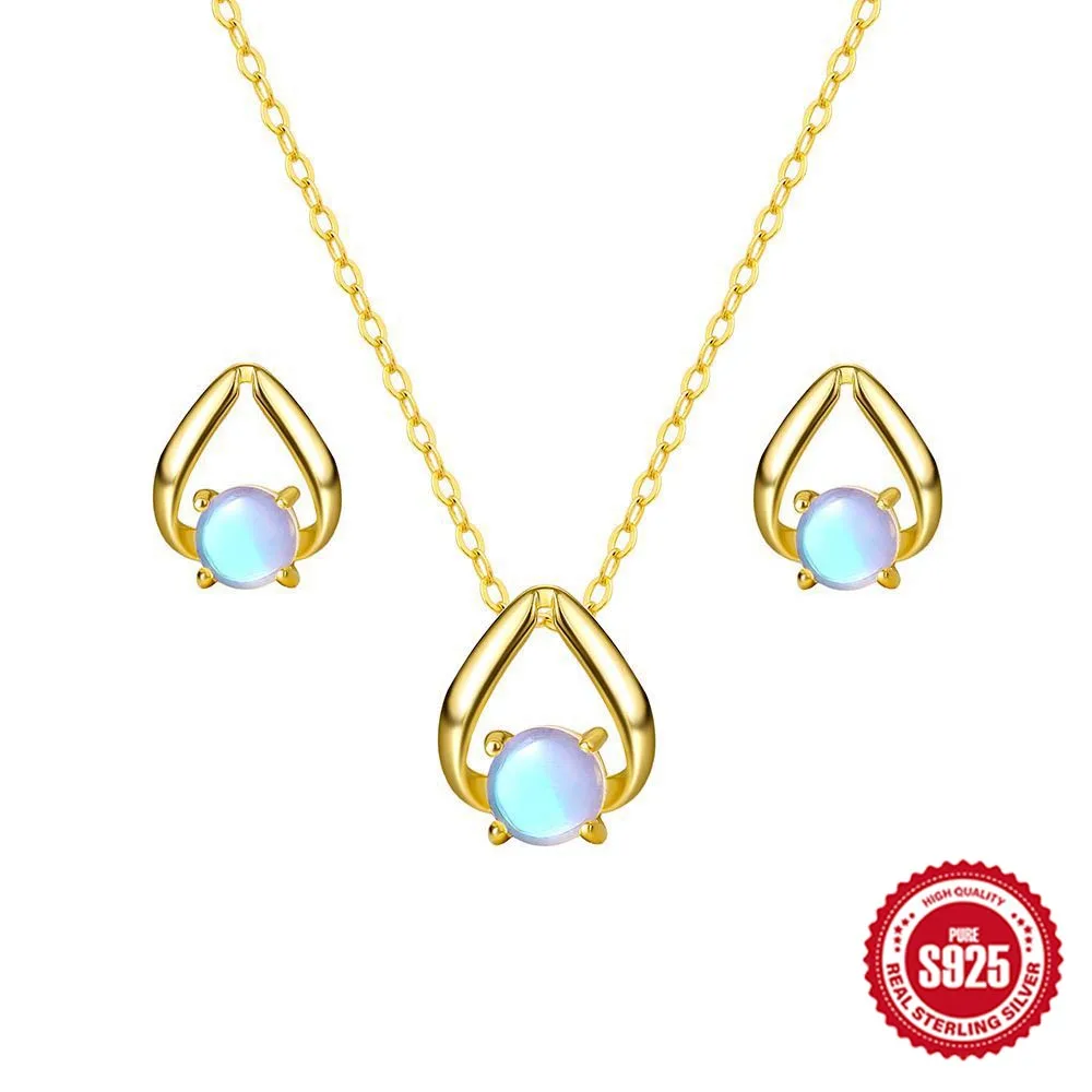 925 Sterling Silver Moonstone Geometric Necklace Earring Set Wedding Party Creative Jewelry 2024 New Trend Women's Elegant Set