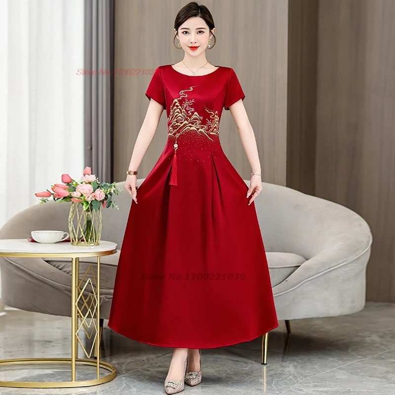 2025 chinese vintage dress improved qipao national flower embroidery o-neck cheongsam wedding dress oriental folk a-line dress