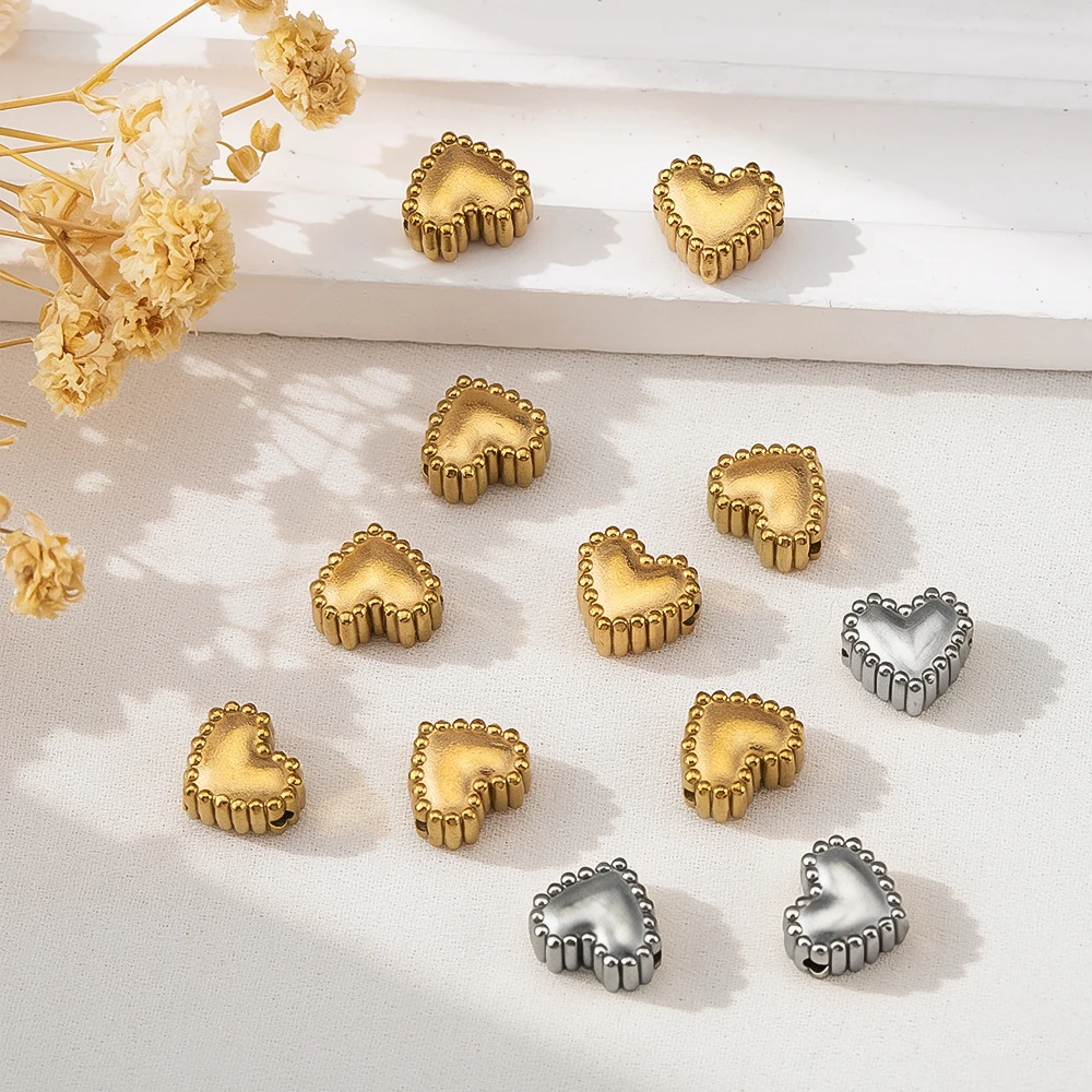 5pcs 10pcs Stainless Steel Dotted Edge 3D Heart With Horizontal Hole Spacer Bead For DIY Bracelets And Necklaces Accessories