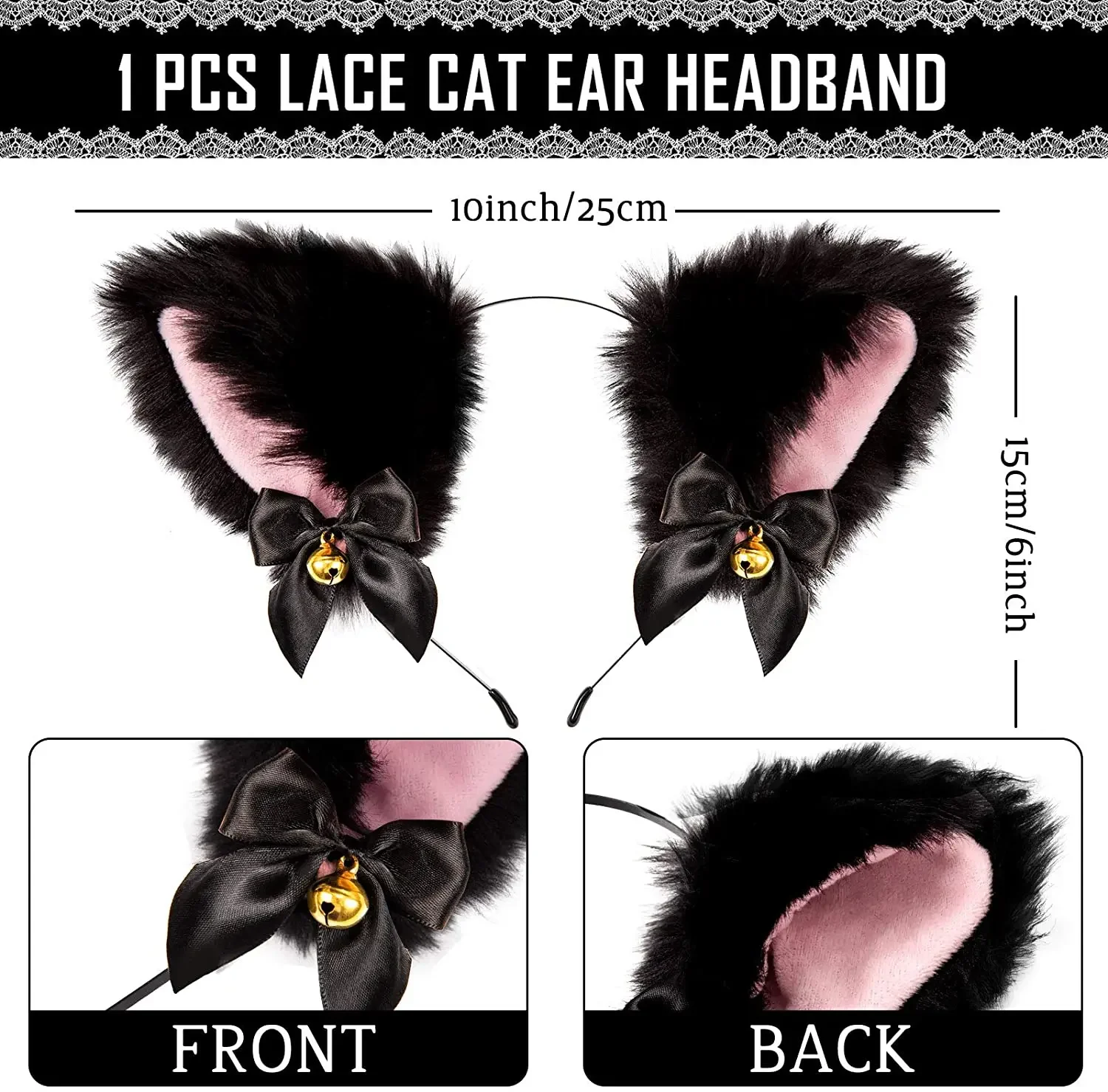 2Pcs Black Cat Ear Headband with Bell Heart Chocker Necklace Girl Plush Furry Cat Ear Hair Band Women Girls Cosplay Party Dress