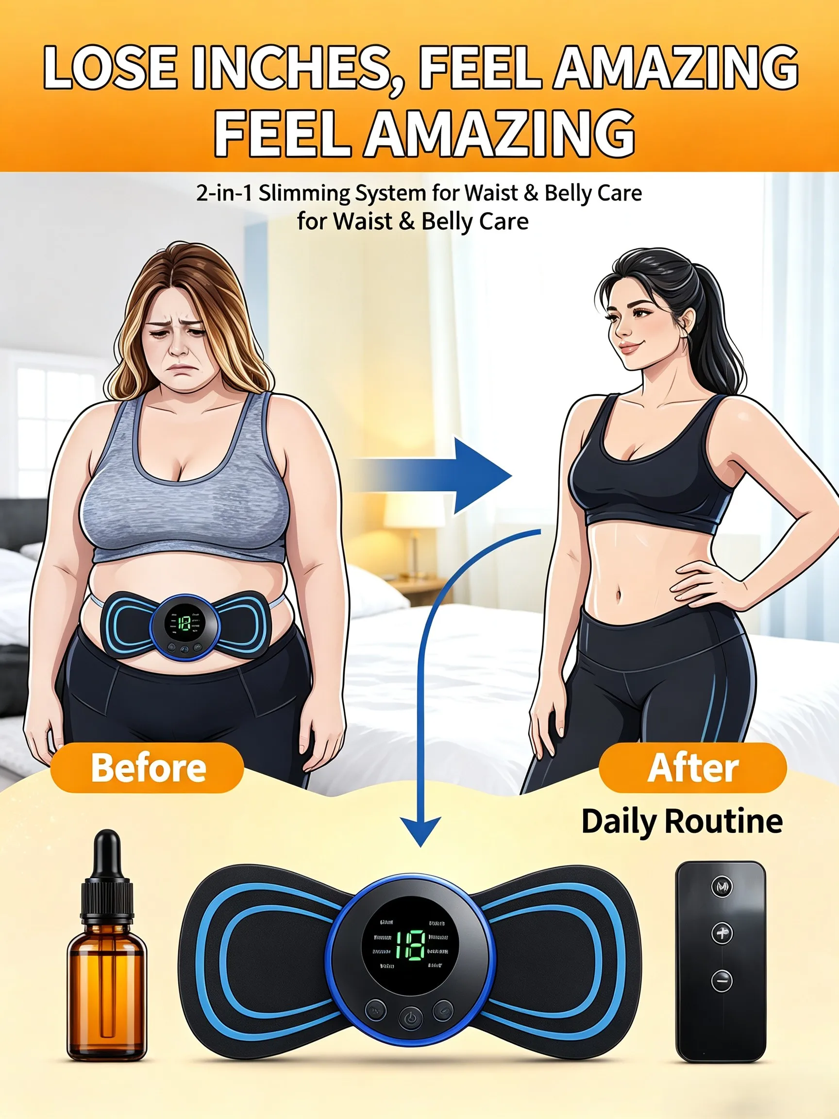 EMS Mini Electric Body Massager Patch with Anti-Cellulite Massage Oil Set, 8 Modes Body Shaping Toning Device for Abdomen Waist