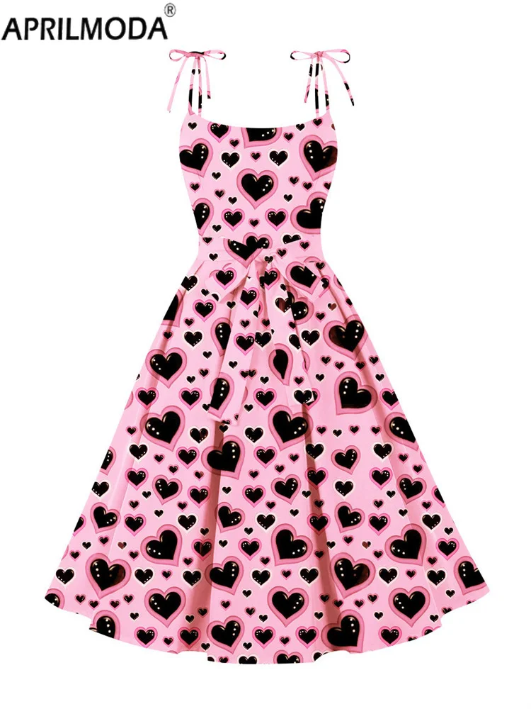 

Sweet Heart Print Sleeveless Sexy Party Summer Dress Holiday 50s 60s Backless Big Swing Vintage Runway Midi Tunic Dress with Bow