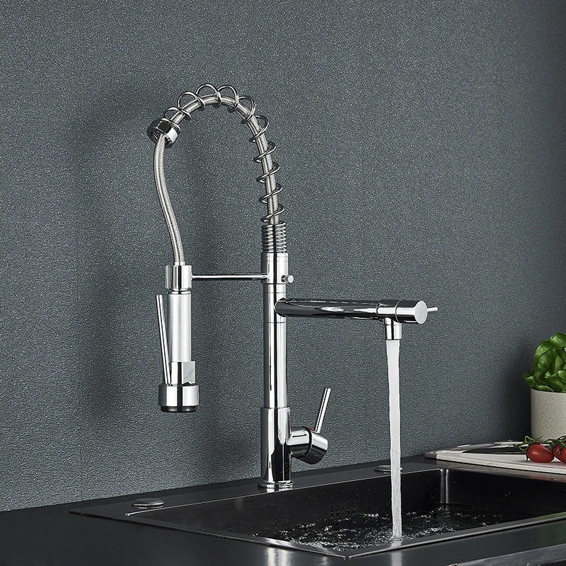 Black Spring Kitchen Faucet Pull Out Side Sprayer Dual Spout 360 Rotation Mixer Tap Sink Faucet Single Handle Kitchen Faucets