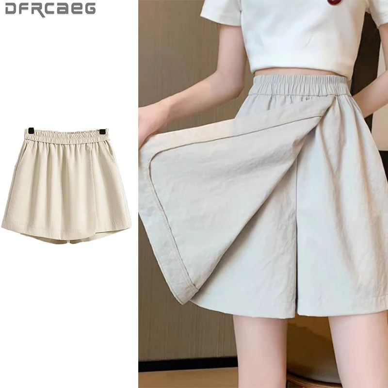 Plus Size Shorts Skorts For Women Summer 2025 New High Elastic Waist A Line Loose Shorts Women Korean Fashion Elegant Shorts
