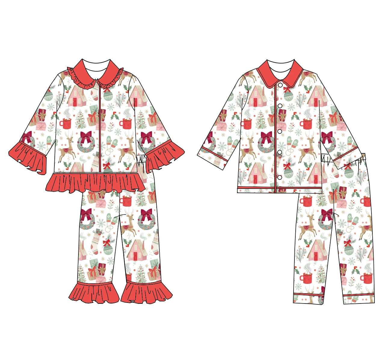 

Christmas tree animal and bow element print boys and girls autumn new long sleeve trousers boutique pajamas set