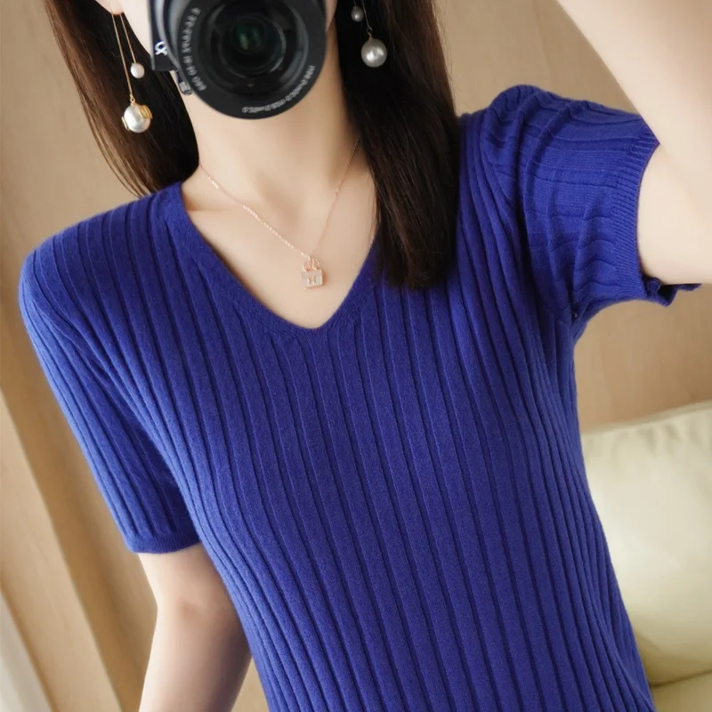 2022 New Women\'s V-neck Short-Sleeved Cashmere Sweater Pullover short sleeve Soft