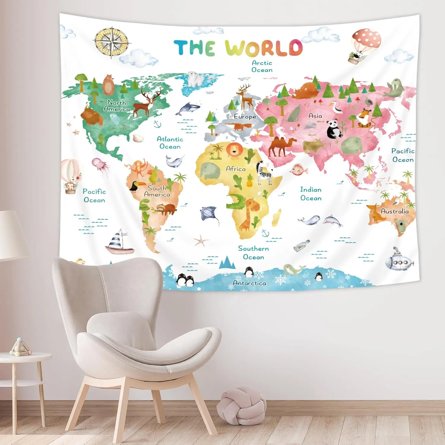 Kids Map Tapestry World Cartoon Animal Cute Educational Geography Learning Tools Colorful Continents Wildlife Wall Hanging for