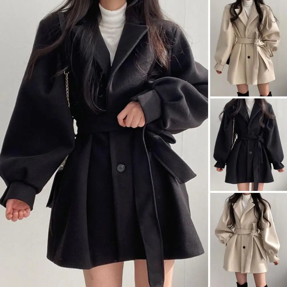 Belt Decoration Waist Jacket Stylish Fall Winter Women's Jacket with Belt Pockets English Style A-line Overcoat for Dating