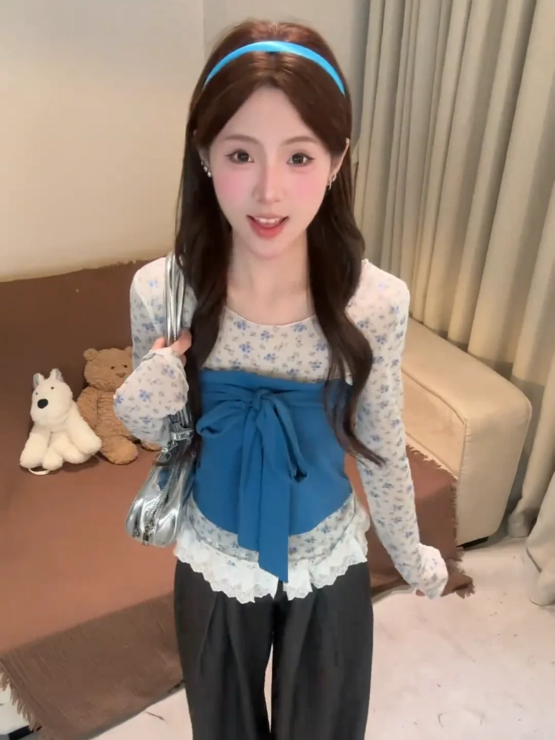 

Early Spring Sweet Sle Blue Strapl Vest Floral Long Sve Women's Top And Bot Set Breathable Korean Faion