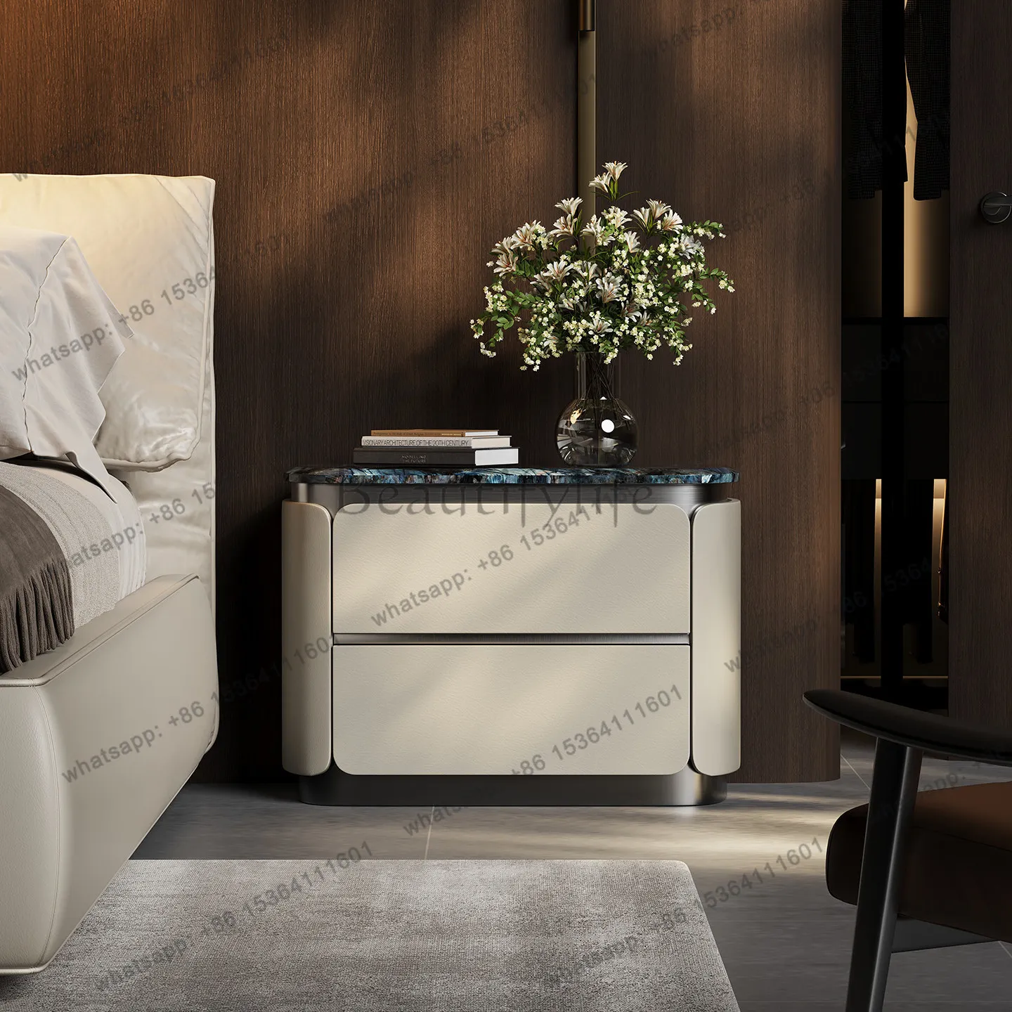 Italian minimalist bedside table household bedroom modern minimalist marble light luxury high sense