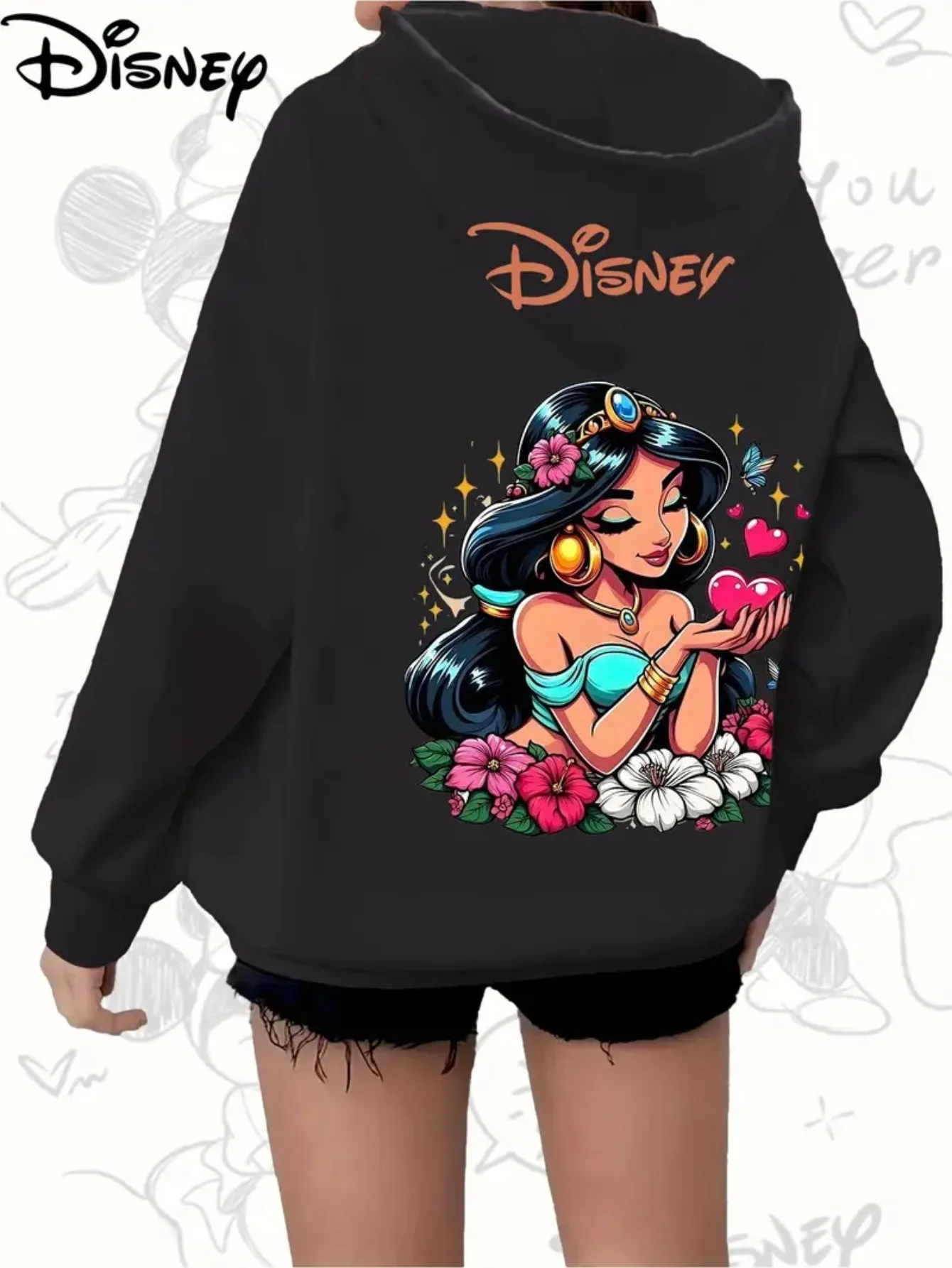 سويت شيرت نسائي بقلنسوة من Disney Official Jasmine Princess باللون الوردي الباستيل مع لمسات ذهبية للأميرة المرخصة رسميًا #1