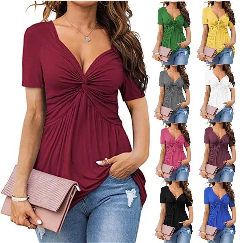 

Women Tshirt kink V-Neck Short Sleeve Solid Color Sexy Office Lady 2025 Summer Y2k Casual Slim Fashion Tee Tops Femme Clothing