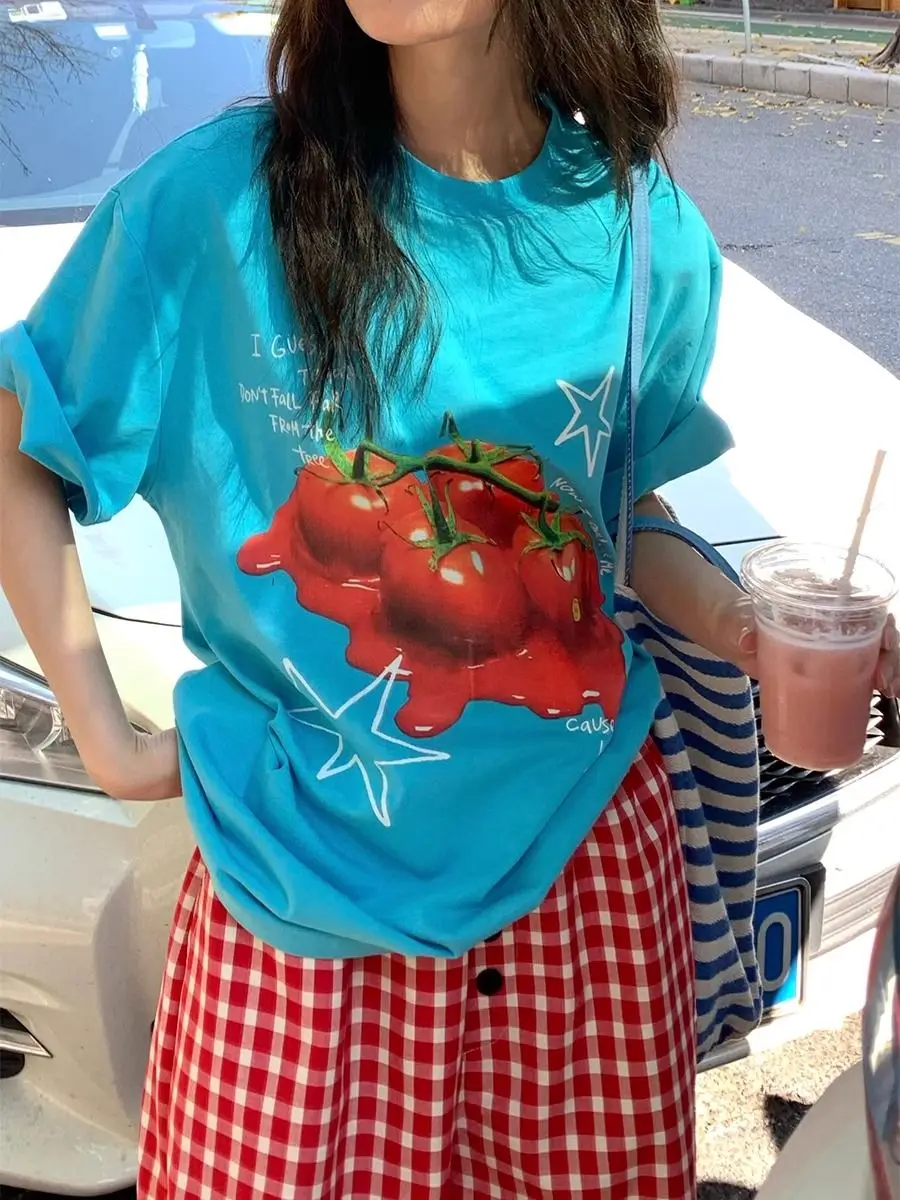 

American Tomato Print Lake Blue Short Sleeved T-shirt Women Summer 2026 New Loose Versatile Slimming Top Ins