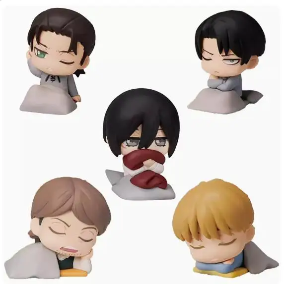 No box 4.5cm 5pcs/lot Japanese original anime figure Q vesion sleeping Mikasa·Ackerman/Levi Ackerman/Eren Jaeger action figure