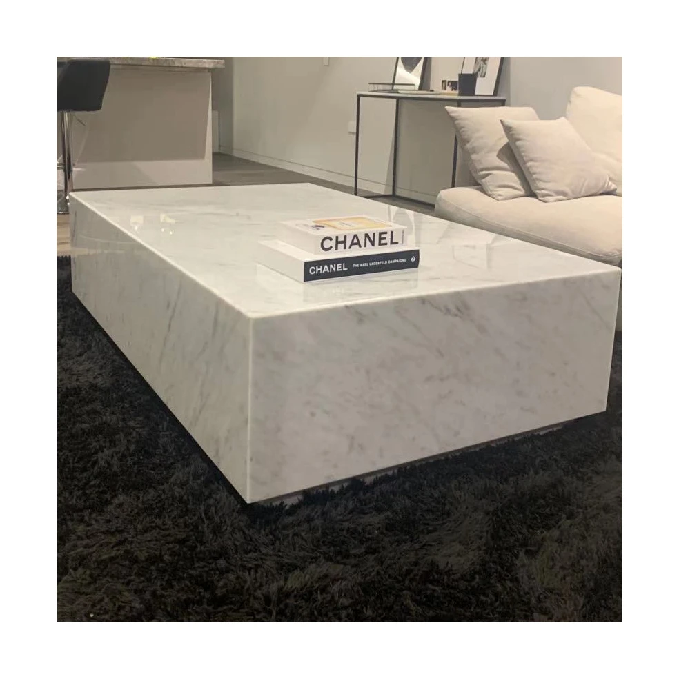 Mesa de Centro Moderna para Sala de Estar, Mármol Blanco Carrara, Diseño Europeo Minimalista, Forma Rectangular, Base de Mármol