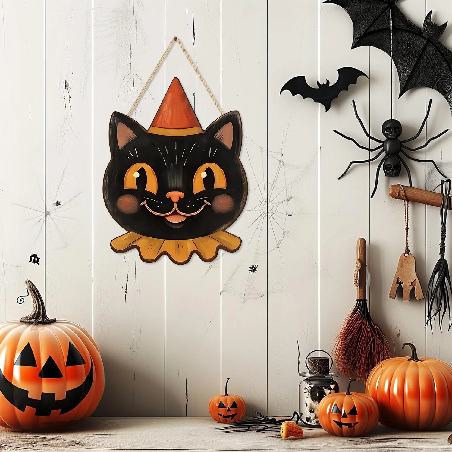 Vintage Halloween Hanging Wooden Ornament,Spooky Black Cat Bat Ghost Owl Pumpkin Skull Front Door Sign,Fall Farmhouse Home Wall