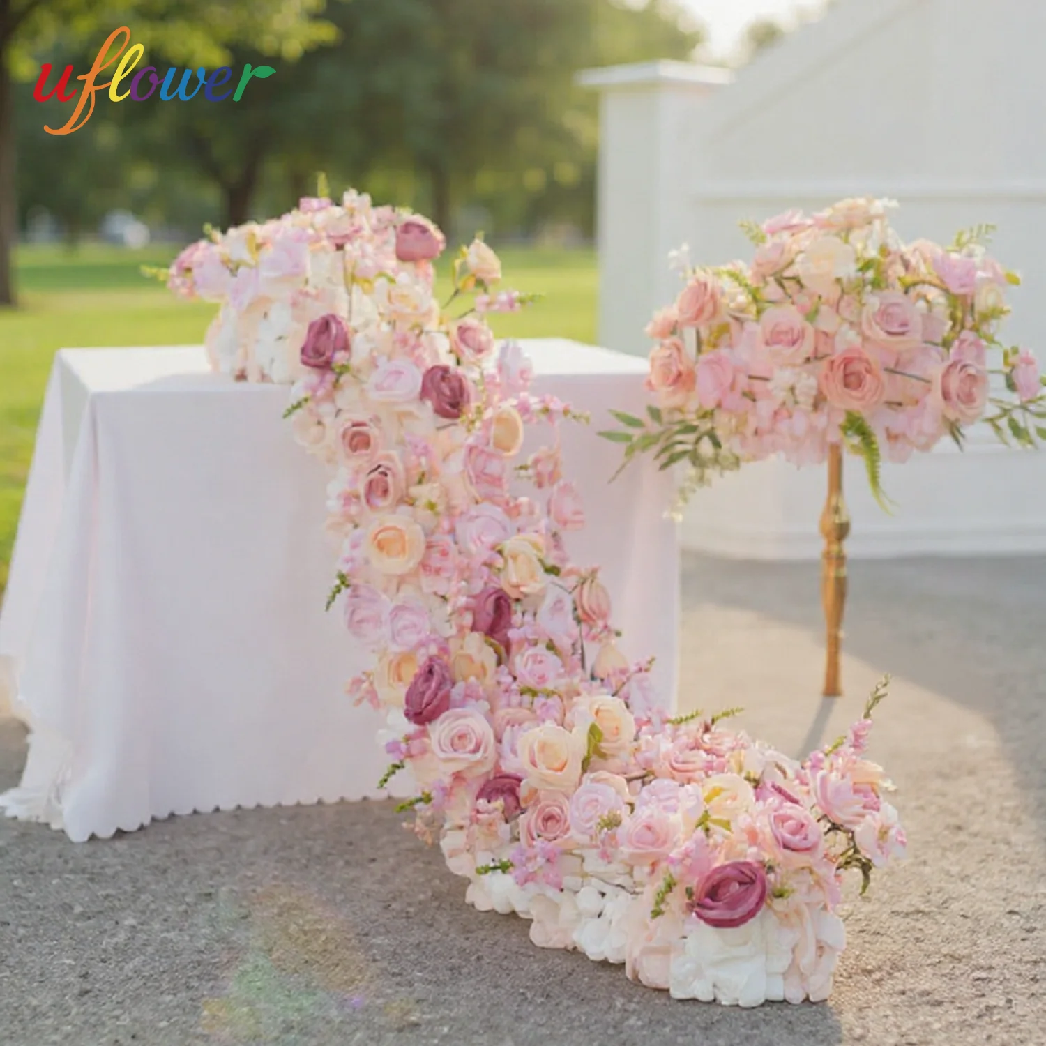 

Uflower Hot Pink Rose Artificial Flower Row Wedding Table Centerpiece Backdrop Decor Floral Ball Runner Event Strip Arrangement