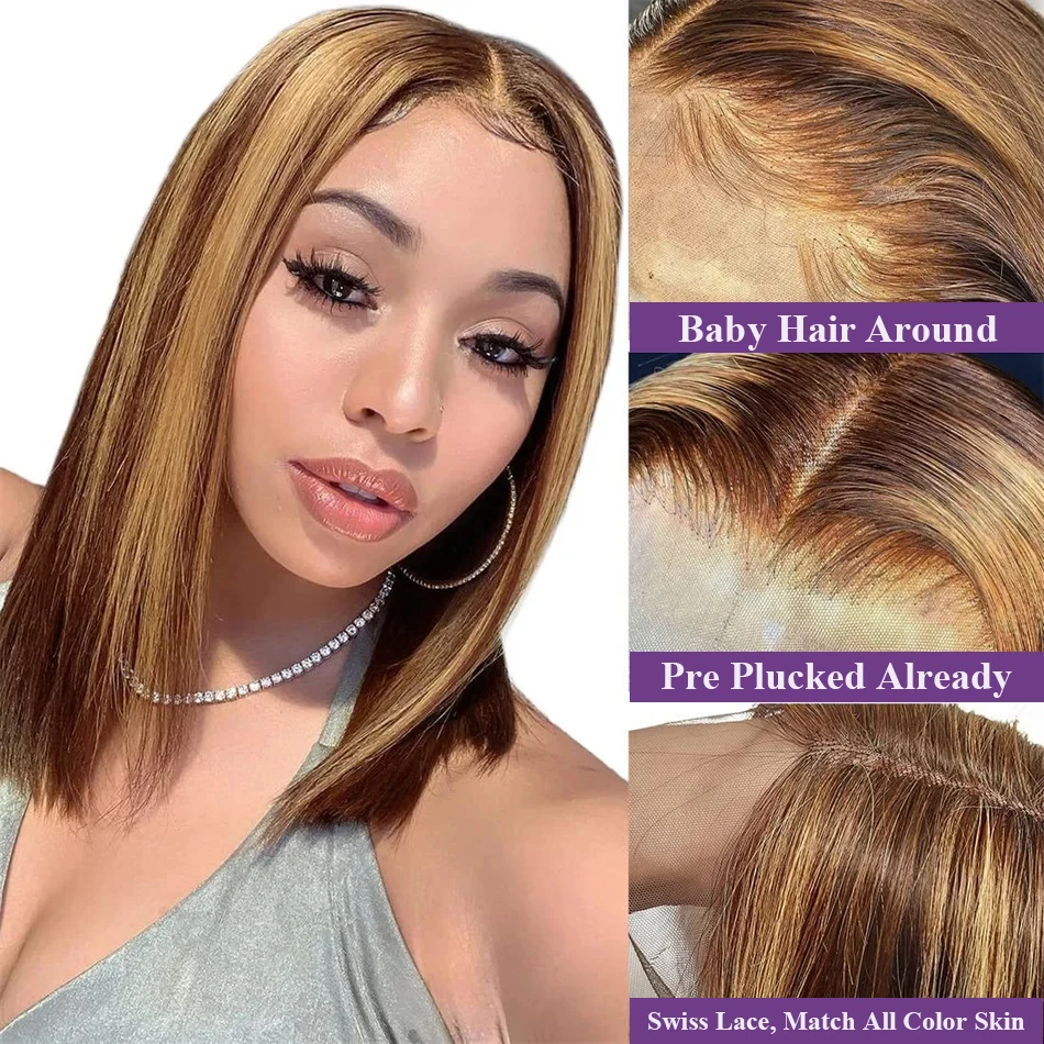 #4/27 Highlight Farbe 13x4 kurze Bob Perücken gerade menschliches Haar Klavier Highlight Farbe HD transparente Spitze Frontal Perücken für Frauen