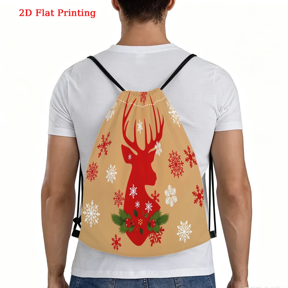 Casual Drawstring Backpack 2D Flat Printing Red Deer Snowflake Pattern Fitness Sports Outdoor Travel