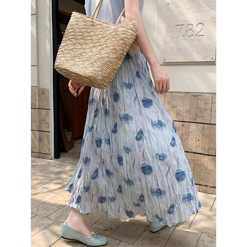 European Style New Arrival Summer Women Loose Casual Floral A-line Ankle-length Skirt High Waist Vintage Print Pleated Skirt T43