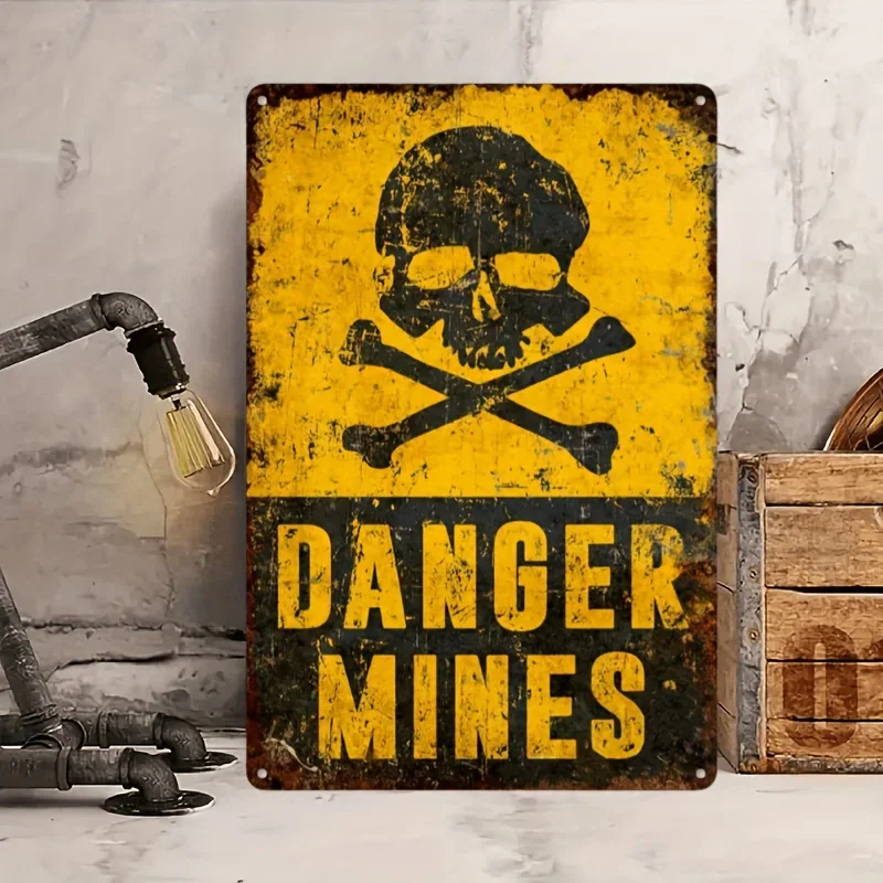 Vintage Skull and Crossbones Metal Warning Sign - Danger Mines Tin Wall Decor for Bar, Patio, or Yard - Rustic Distressed Yel