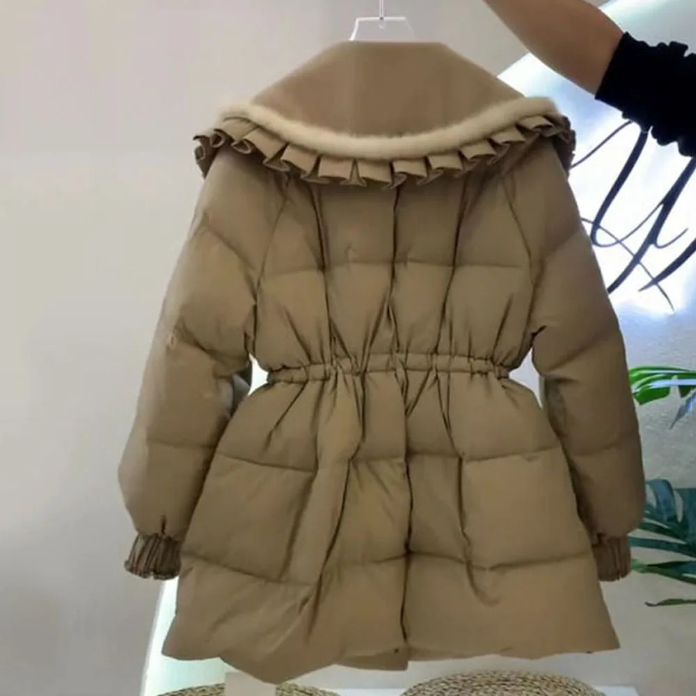 Korean Style Sweet Women\'s Cotton Jacket Ruffle Lapel Single-breasted Pockets Warm Drawstring Female Coats Autumn Winter 2023New