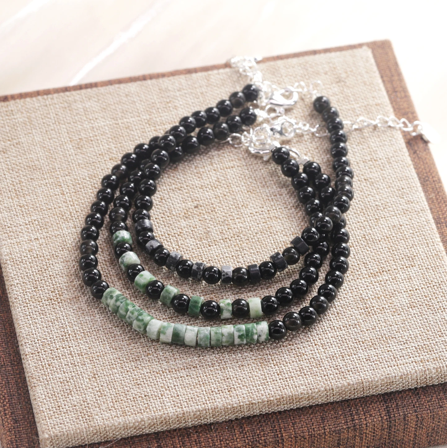 Silver Bracelet Black Obsidian Green Grey Spot Healing Protection Balance For Women Men Fashion Jewelry Gift Dropship Wholesale