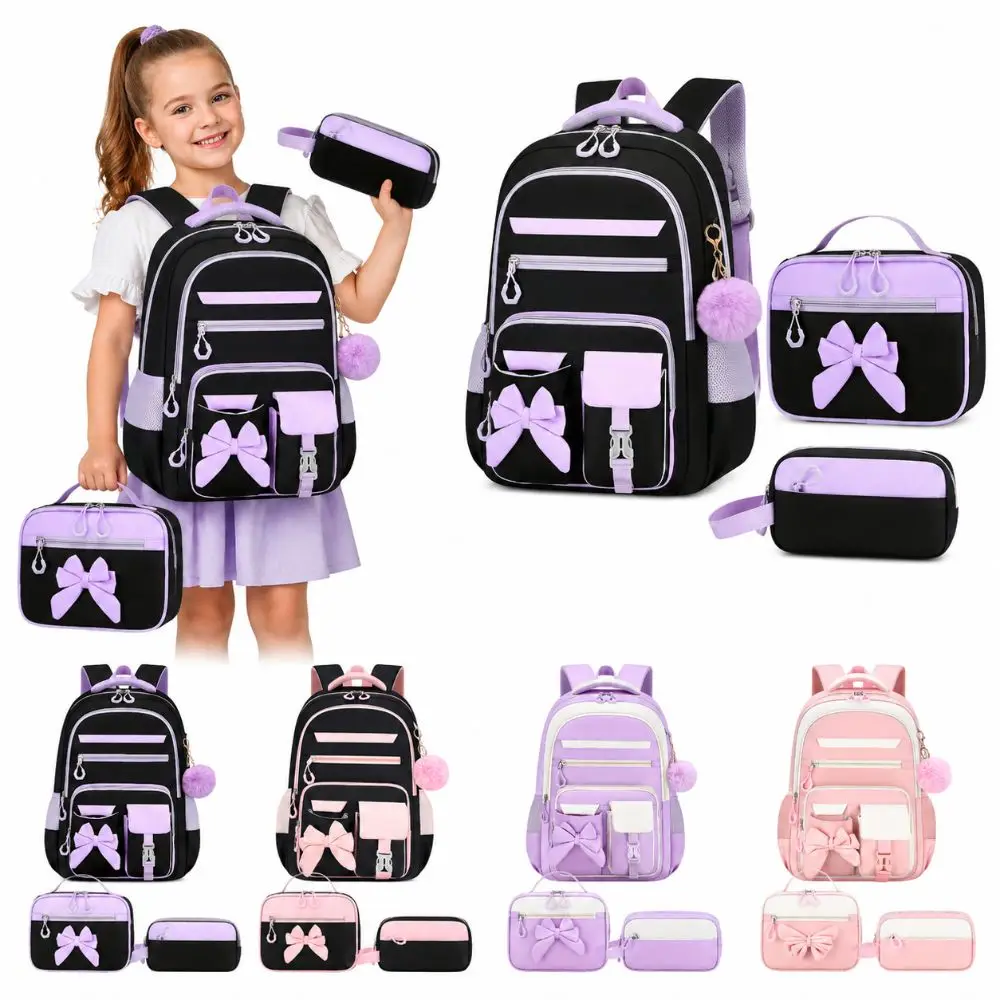 3PCS Cartoon Backpack,lunch Bag,Pencil Case Set Large Capacity Oxford Cloth Bow-knot Schoolbag Set Waterproof Lightweight