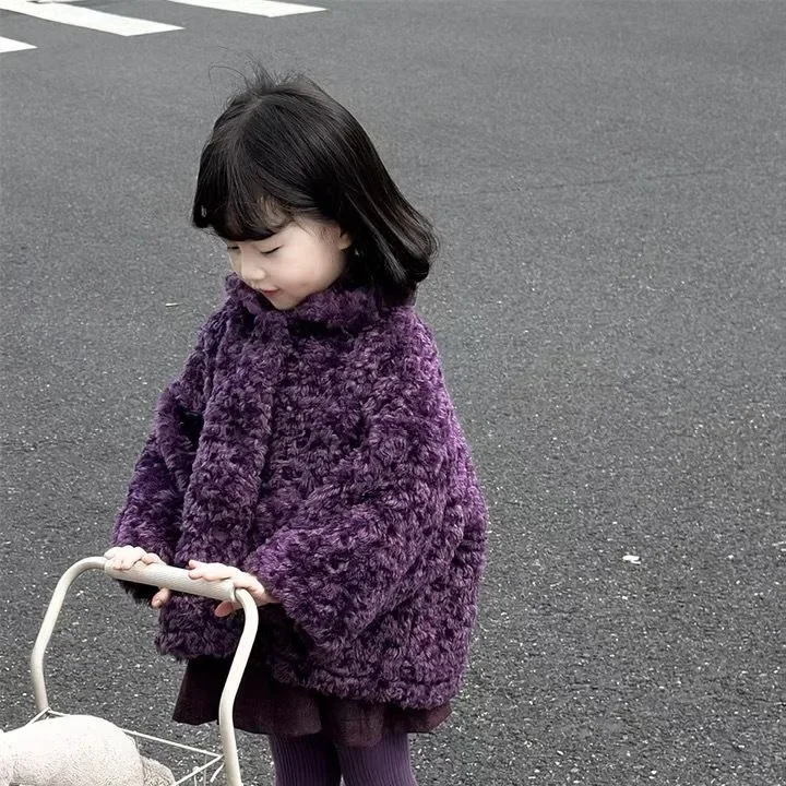 

2025 Autumn/Winter New Girls' Purple Lamb Fleece Jacket