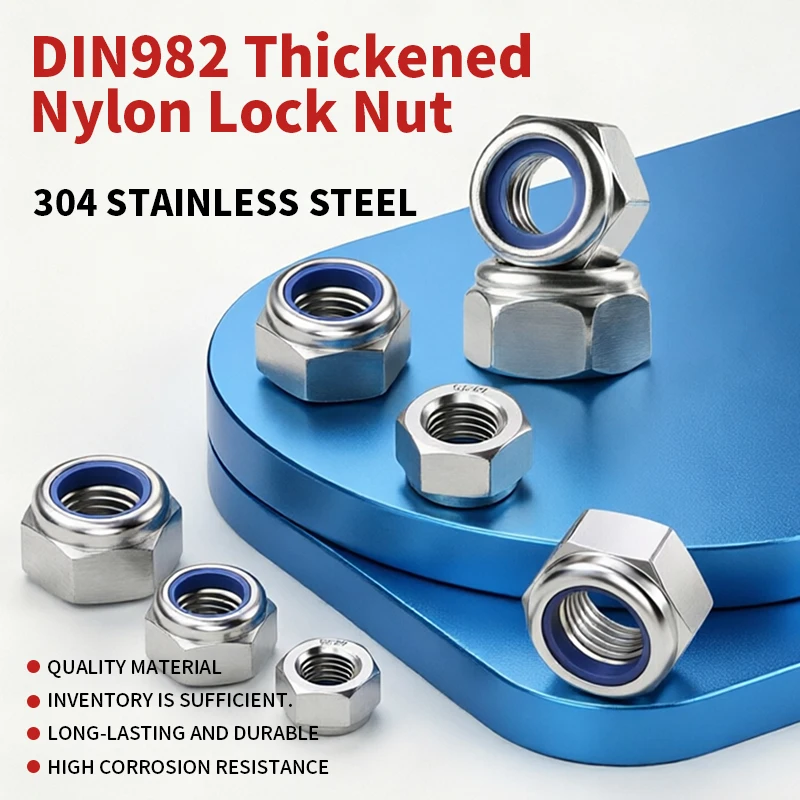 Hex Nylon Insert Self Locking Nuts M3 M4 M5 M6 M8 M10 M12 M14M16M18M20, 304 Stainless Steel DIN982 Thickened Heavy Duty Locknuts
