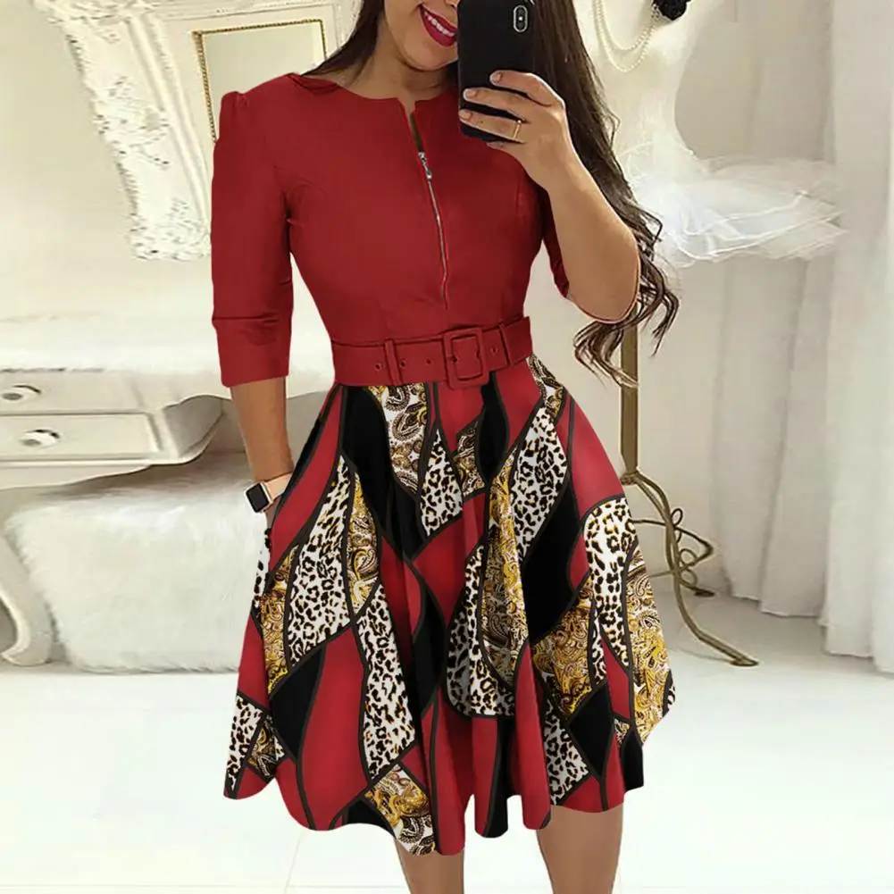 

Ladies Dress Zipper Decor Belted Tight Waist Color Matching Print Round Neck Pockets A-line Loose Hem Spring Fall Mini Dress