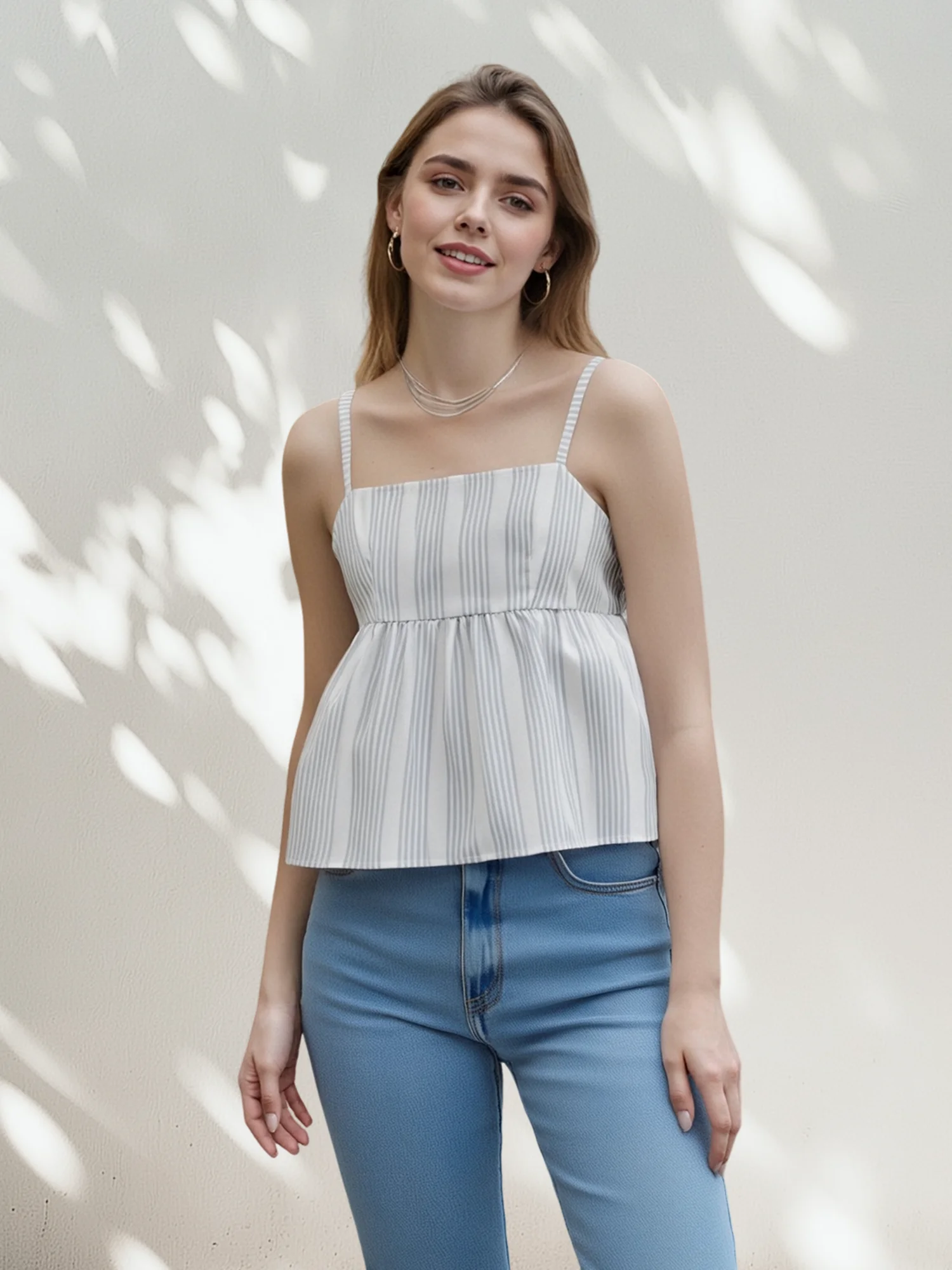 قميص قصير بدون أكمام مخطط للسيدات مع خط عنق مربع للصيف قمصان كامي مطبوعة مخططة غير رسمية للنساء