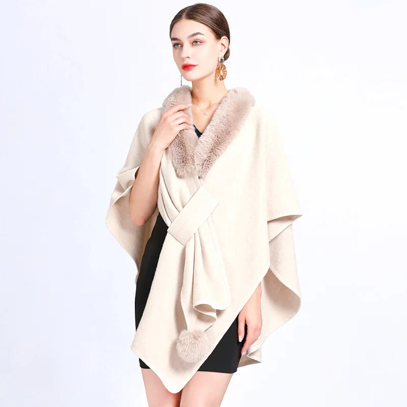 Women Ponchos Coat Elegant Casual Faux Fur Collar Shawl Cloak Bohemian Shawl Autumn Winter Oversize Sleeveless Fashion Capes