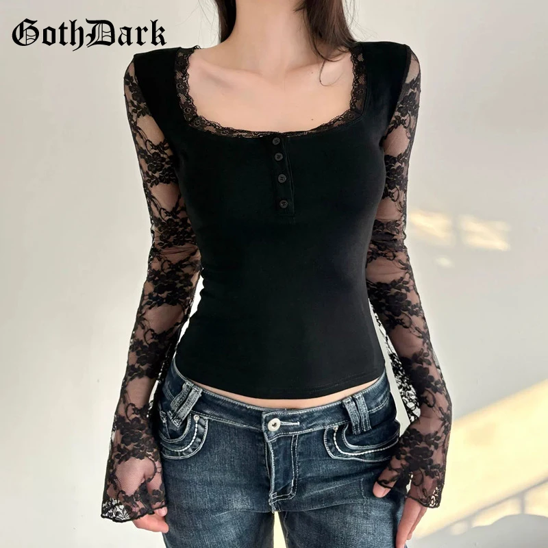Goth Dark Lace Patchwork Long Sleeve Square Neck T-shirts E-girl Button-up T Tops Women Techwear Mall Gothic Sheer Back T-shirt