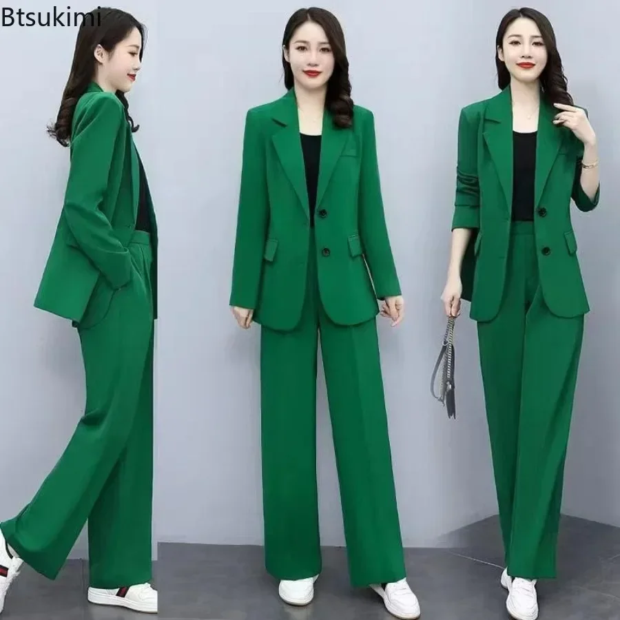 2024 Women\'s Formal Office Pants Sets 2PCS Solid Single Breasted Pocket Blazer Jacket and Pants Sets Elegant Ladies\' Suit Sets