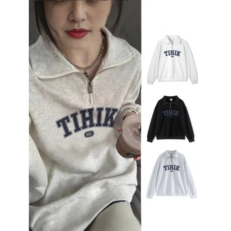 Milk‑style Polo‑collar Sweatshirt for Women, Early‑spring New Oversized Streetwear Half‑zip Couple Top, Regular‑shoulder view 5