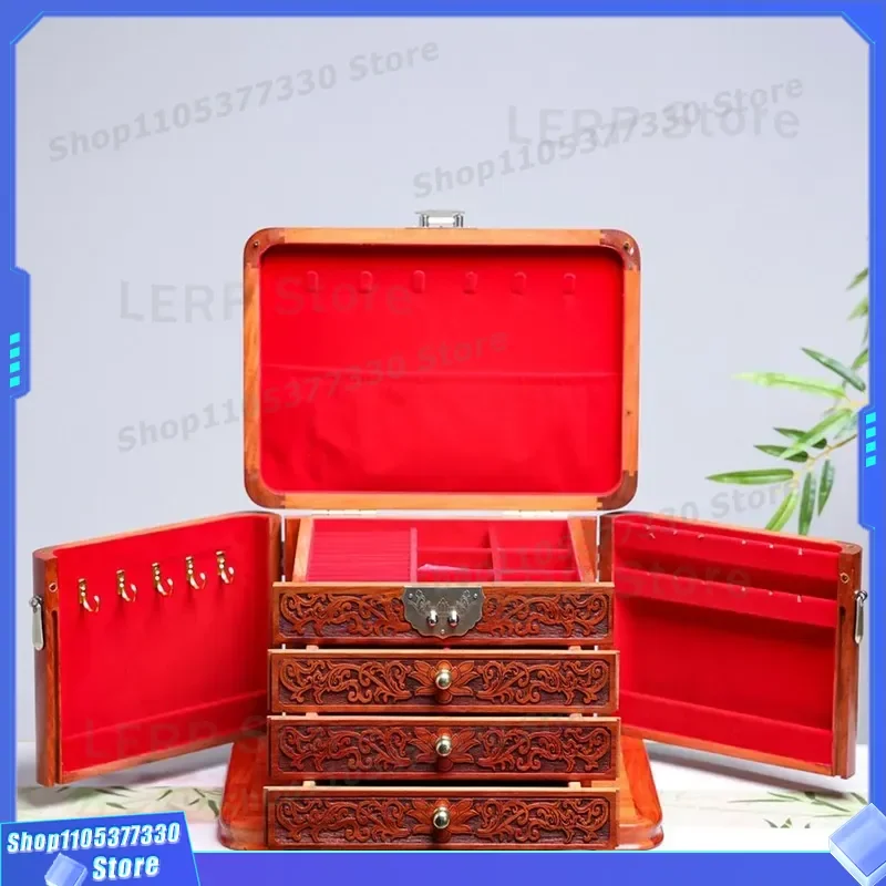 Myanmar Pear Wood Carved Flower Jewelry Box Multi Layer Wedding Gift with Lock Mahogany Dresser Organizer Ornament Storage