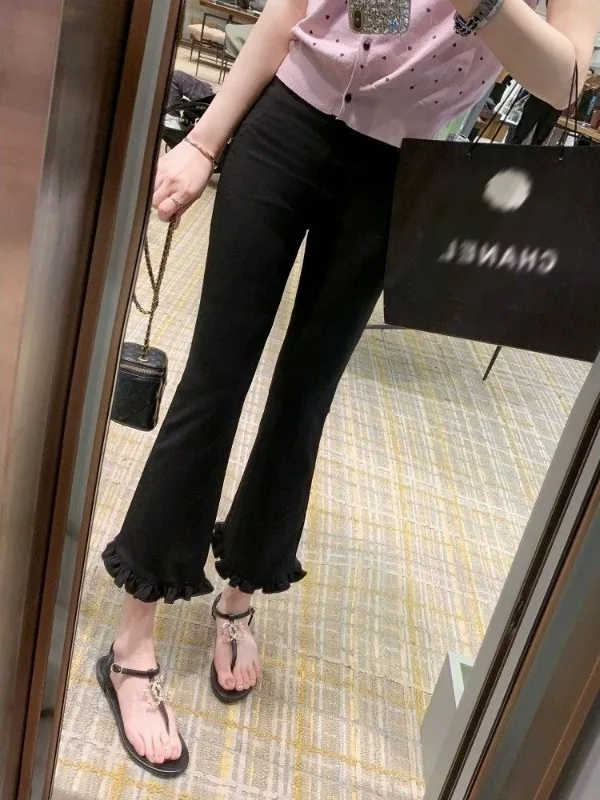 High Waist Elastic Slimming Nine-Tenths Wide Leg Pants Women's plus Size Black Wood Grain  Micro Flared Summer Trousers