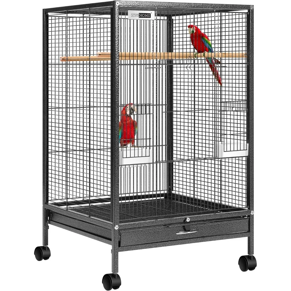 High Forged Iron Birdcage with Rolling Bracket, Suitable for Cone Tailed Parrots, Cockatoos, Sparrow Birds, Black, 30 in