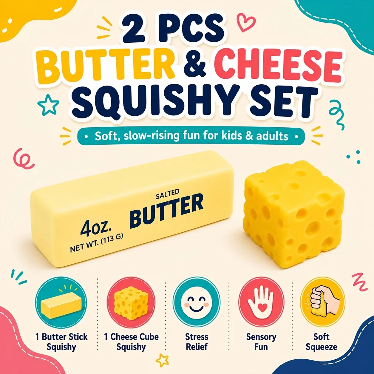 2 PCS Butter and Cheese Squishy Toys, Butter Squishy Soft Slow Rising Food Squeeze Toy, Stress Relief Fidget Toy for Kids Adults