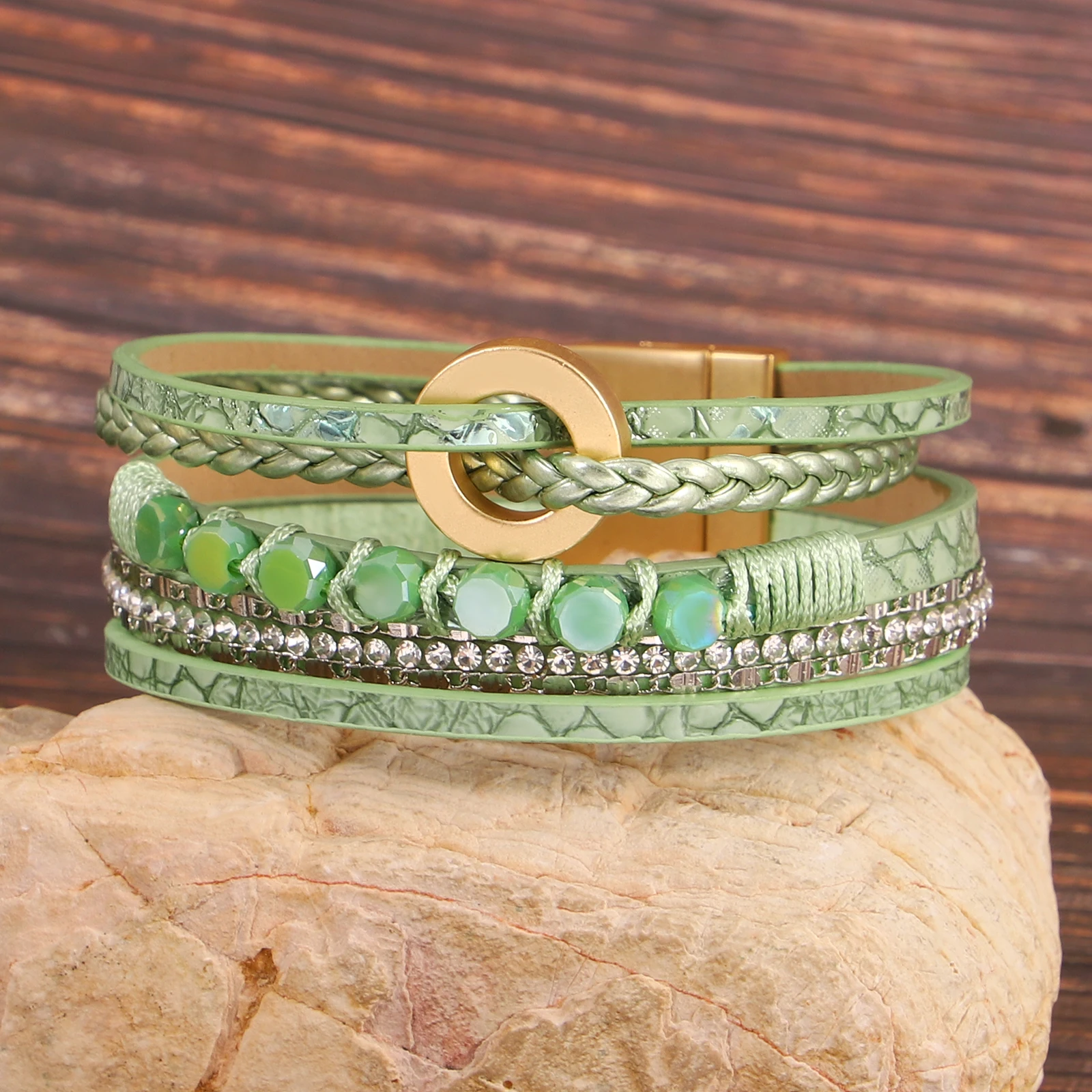 Amorcome Bohemian Rice Bead Woven Chain Multilayer Leather Bracelet Women Light Green Stackable Winding Bangle Fashion Jewelry