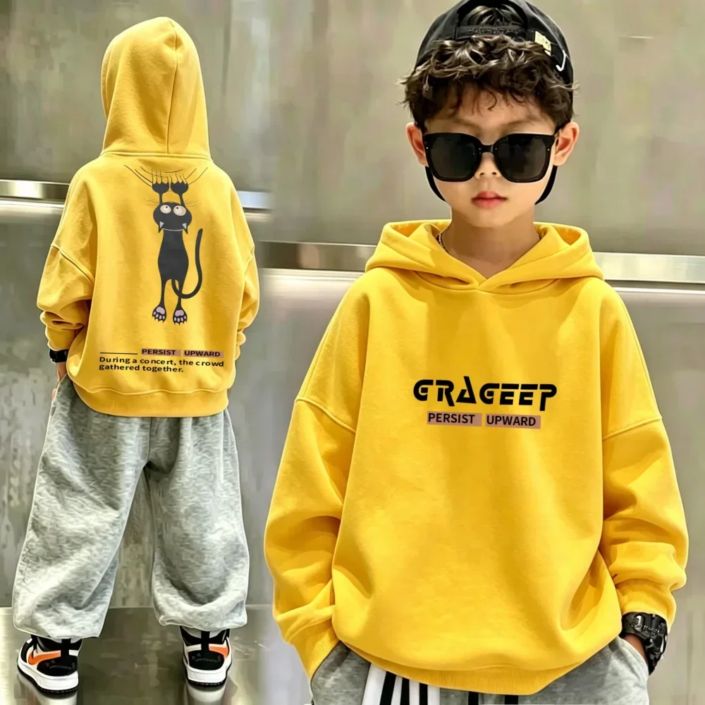 Kids' hooded sweatshirt featuring playful retro cat, letter, and number prints—suitable for boys and girls—a warm pullover.
