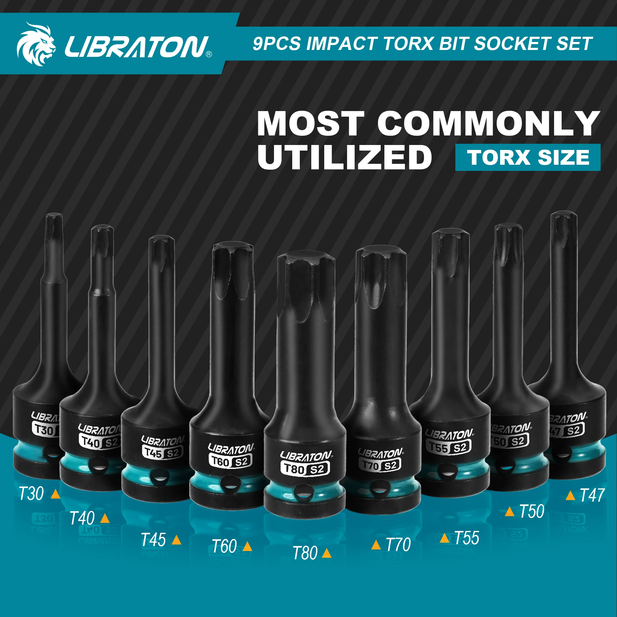 LIBRATON 9 шт., комплект насадок Torx Impact, 1/2 дюйма, ударные головки со звездами T30-T80, профессиональный механический ремонт автомобилей